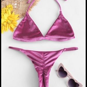 Violet red halter string bikini set